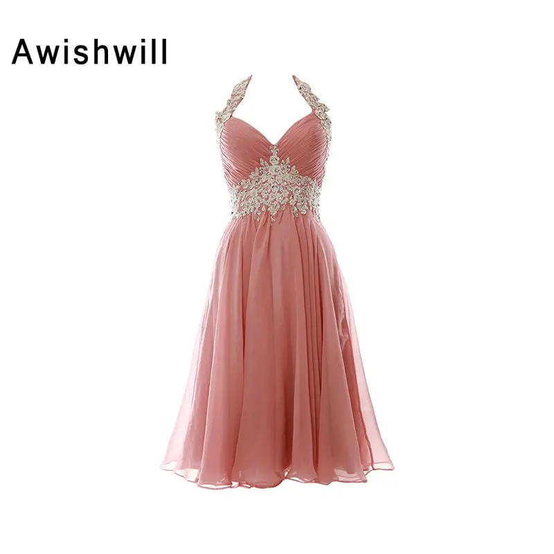 

Fashionable Backless Short Party Dress Pageant Occasion Halter Beading Appliques Chiffon Women Evening Dress Gowns Custom Made