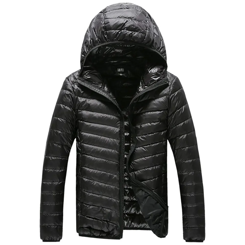 Зимняя модная однотонная мужская уличная куртка на утином пуху, складывающаяся, ультра-светильник, пуховое пальто с капюшоном, Теплая мужская одежда - Цвет: Черный