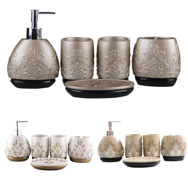 Luxury 5pcs Bathroom Accessory Set Brown White Champagne Soap Dish Luxury 5pcs Bathroom Accessory Set Brown White Champagne Soap Dish Dispenser Tumbler Toothbrush Holder