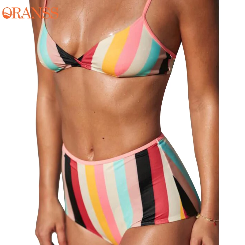 colorful striped high waisted bikini