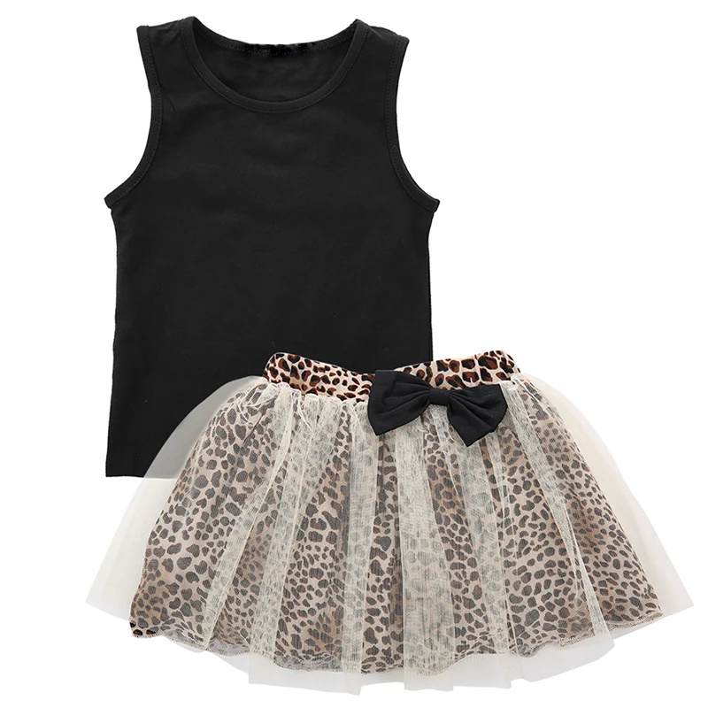 

Fashion Baby Girl Clothes Kid Baby Girl Sleeveless Round Collar Top+Lace Leopard Dress 2Pcs Suit Summer Kids Clothes Outfit