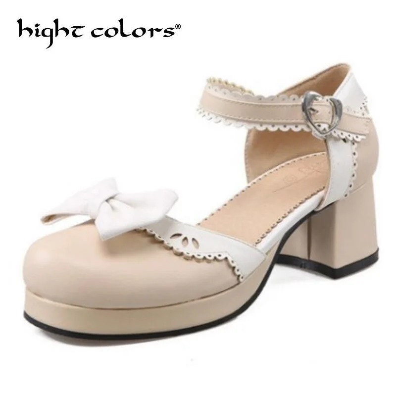 

2019 New Fashion Women Ankle Strap Bowknot Pumps Chunky Heels Sweet Mary Janes Shoes Ladies Pumps Big Size 34~42