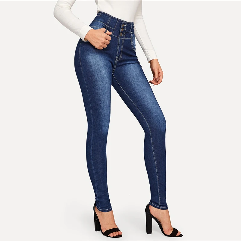 Sheinside темно-синие обтягивающие джинсы для женщин с высокой талией и пуговицами, эластичные выбеленные джинсы, Осенние повседневные Простые Длинные уличные штаны
