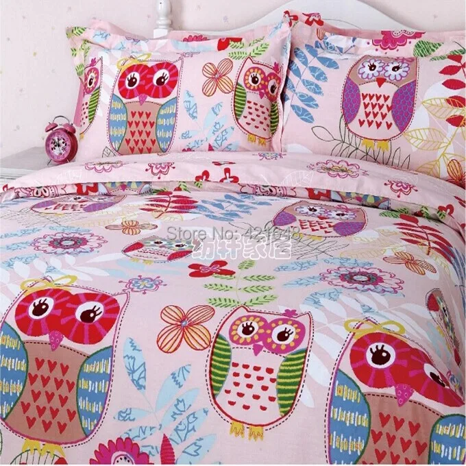Free shipping 100 cotton cartoon pink owl bedding set 3/4pcs twin/full