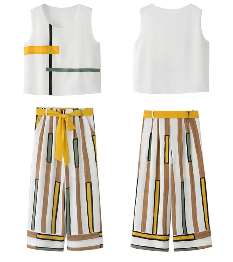 2018 Women Office Lady Two Piece Set Women Summer Sleeveless Striped Chiffon Tank Top Wide Leg Pants Elegant Casual Work Suit Women's Sets