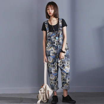 

fashion Women printing Jumpsuit Denim Romper Overalls Casual Long Trousers Vaqueros Basic Denim Pants Wide Leg Rompers Female