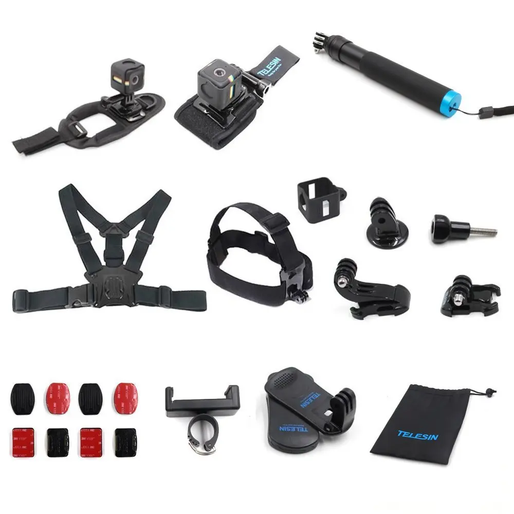 

TELESIN 13 in 1 Accessory Kit Selfie Stick Backpack Clip Camera Bag Strap Frame Case Flat Curved Mounts for Polaroid Cube Cube+