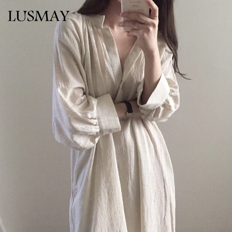 

Loose Korean Long Shirt Skirt Women's Solid Color Casual Maxi Shirt Dress Long Sleeve Streetwear Fashion Sexy V-neck Females