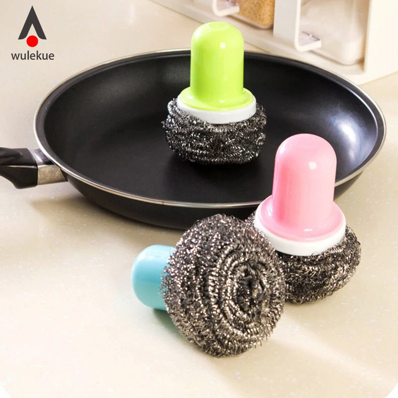 

Wulekue Steel Wire Ball Cleaning Brush with Handle Detachable Pan Dish Bowl Cleaner Washing Kitchen Clean Tools