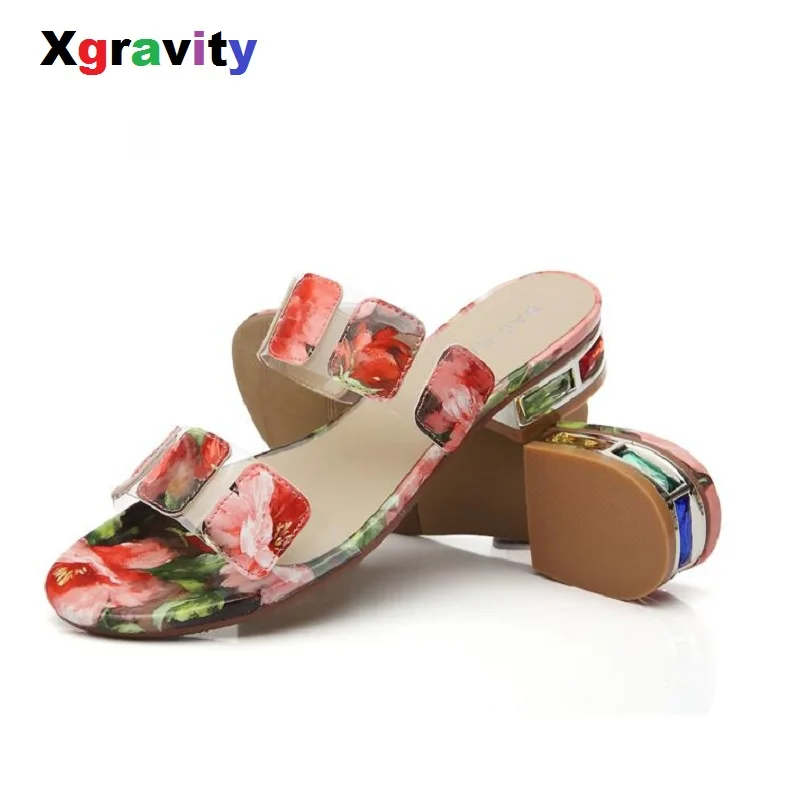 

Xgravity Fashion Casual New Brand Flower Design Quality Lady Flat Sandals Rhinestone Designer Woman Slippers Fashion Shoes B010