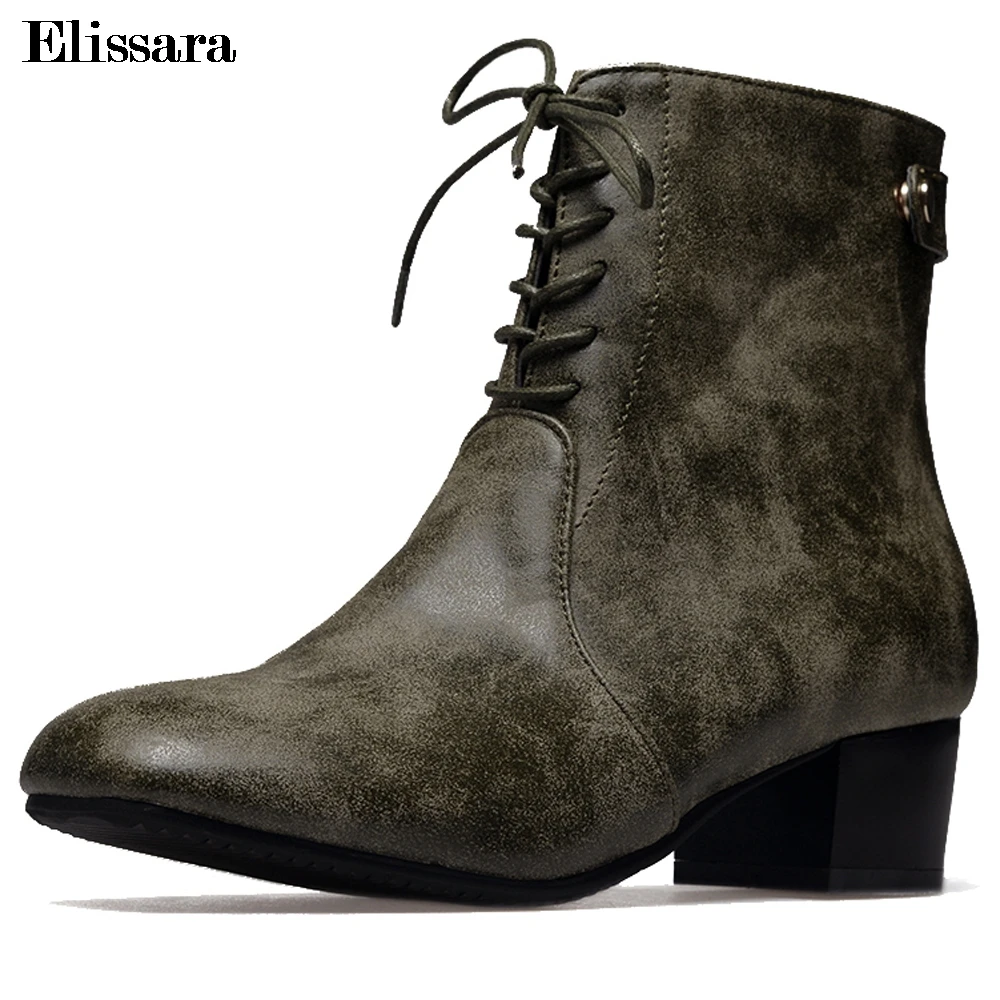 

Elissara Women Mid Heel Ankle Boots Women Casual Zip Lace Up Block Heel Round Toe Boots Women's Winter Shoes Plus Size 33-44