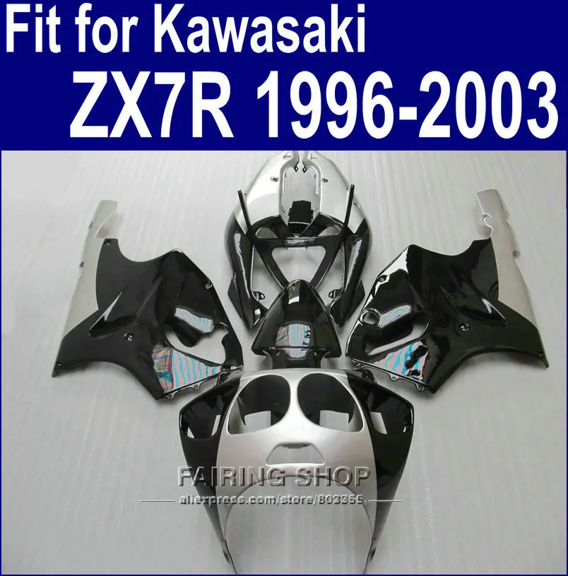 Черно-серебряные Обтекатели для Kawasaki ninja ZX7R 1996 1999 1998 2002 2003 (без наклеек) 96-03