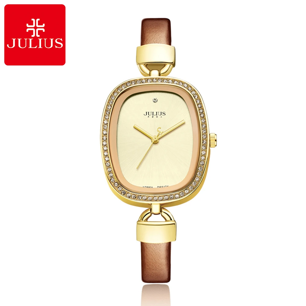

New Simple Ladies Leather Analog Luxury Rhinestone Watch Women Fashion Casual Quartz Watches Original Julius Trendy Clock Gold