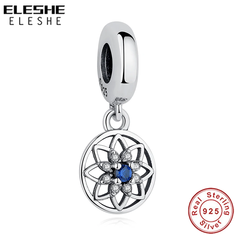 

ELESHE Vintage 925 Sterling Silver Blue Clear CZ Crystal Flower Dangle Charms Fit Original Pandora Bracelet DIY Beads Jewelry