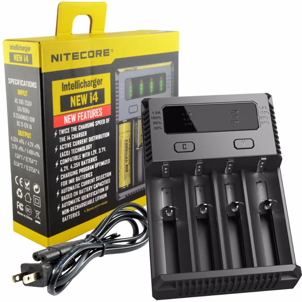 Original Nitecore I4 Battery Charger 18650 14500 16340 26650 LCD Li ion