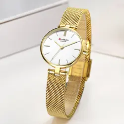 CURREN Для женщин часы охватывающая деталь из нержавеющей стали с сетчатым ремешком кварцевые часы золотые женские наручные часы с браслетом