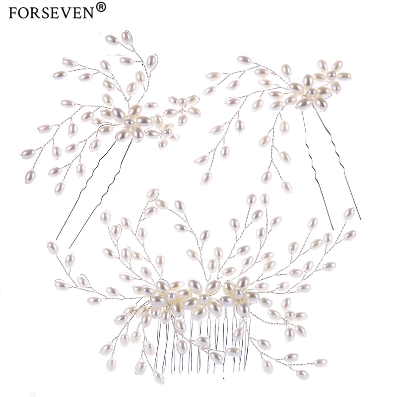 

3pc fashion pearl bride headdress hair jewelry FORSEVEN Silver Hair Combs Wedding pearl hair accessorie Hair pin E17082-21