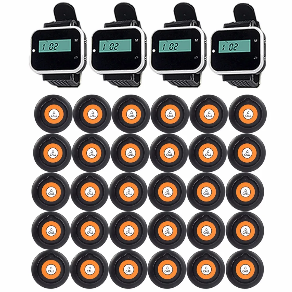 

Wireless Calling System Restaurant Pager For Cafe Bar Hospital 4 Watch Receiver + 30 Call Button Transmitter Customer Service