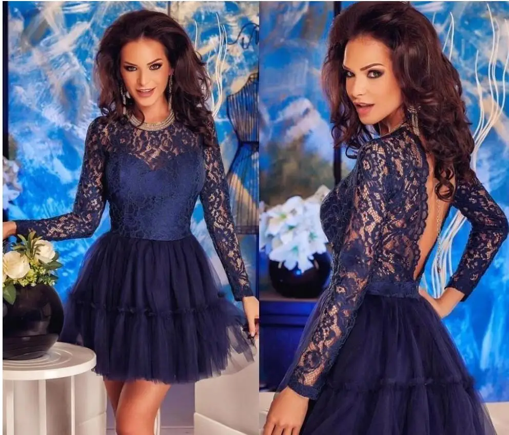 

Arabic Cheap Long Sleeve Prom Dresses Navy Blue Lace Mini 2018 Custom Made 8th Grade Homecoming Party Queen Dress Gowns For Girl