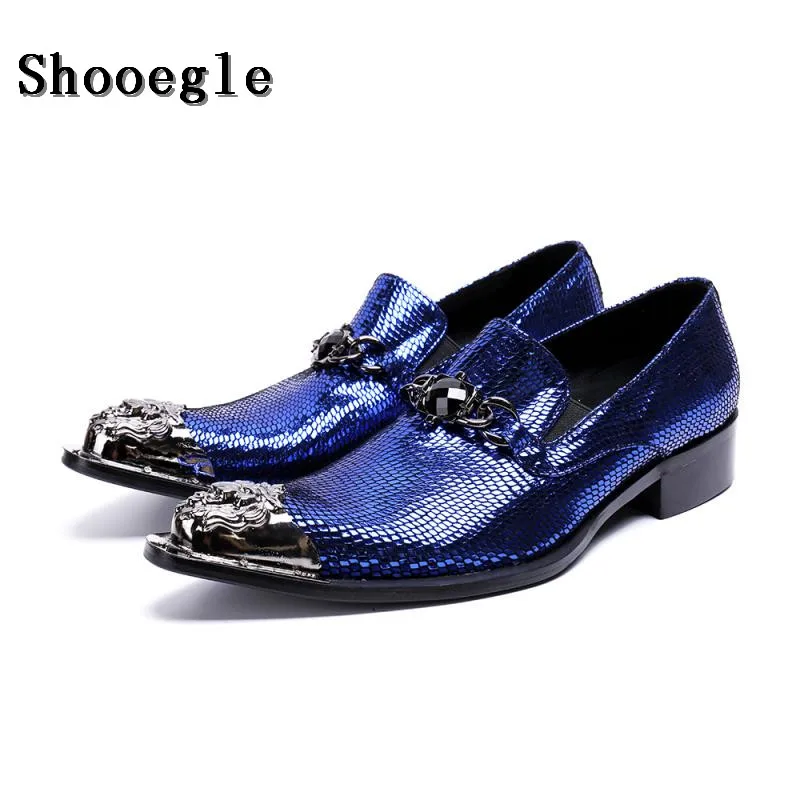 SHOOEGLE Men Luxury Fashion Blue Metal Pointed Toe Oxfords Shoes Nightcub Party Shoes Chain Height Increasing Wedding Shoes