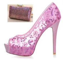 Sparkling hot pink see though mesh sequins shoes with same color clutch handbag 4 party event wedding prom pumps with bag kit