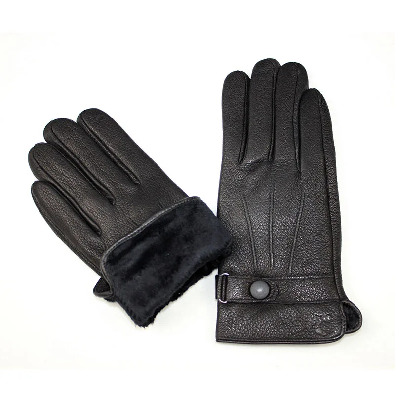 Оленья кожа перчатки мужские толстые осенние и зимние теплые полосы Кнопка Стиль Открытый езда вождения кожаные перчатки