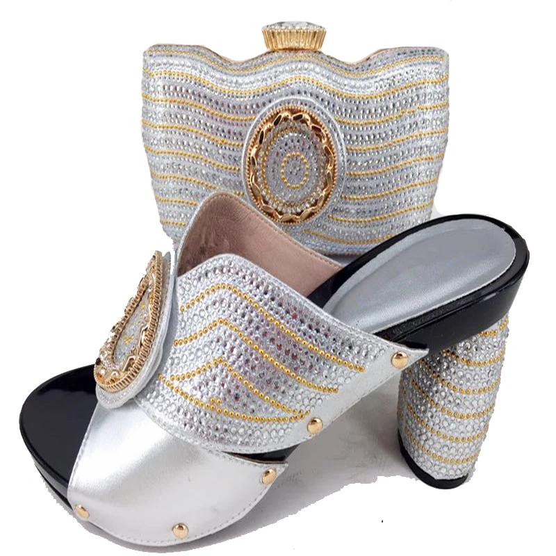 

Shoes and bag matching set for african aso ebi party hand made shoes slippers womenand clutches bag silver size37 to 43 SB8157-4