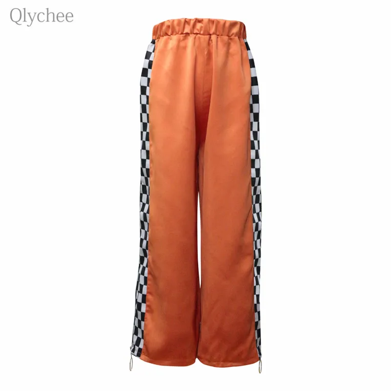 Qlychee Plaid Patchwork Side Zip Pants Elastic Waist Women Full Length Pants Spring Autumn
