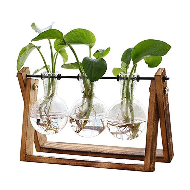 Glass Wood Planter Bulb Vase Terrarium Table Hydroponics Plant Bonsai Flower Pot Hanging Pots Home Decoration with Wooden Tray