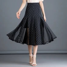 Summer Korean Women Black High Waisted Ruffle Chiffon Trumpet Skirt, Female Womens Dot Mesh Patchwork 4xl Mermaid Skirts