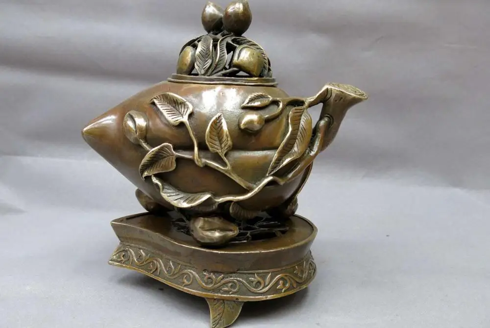 

8" China brass censer sculpture copper longevity peach Incense Burner Statue