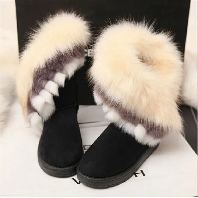 Дизайнерские ботинки; женские зимние ботильоны; женские теплые зимние ботинки на танкетке; bottes femme; женская повседневная обувь с лисьим мехом; botas mujer - Цвет: Black