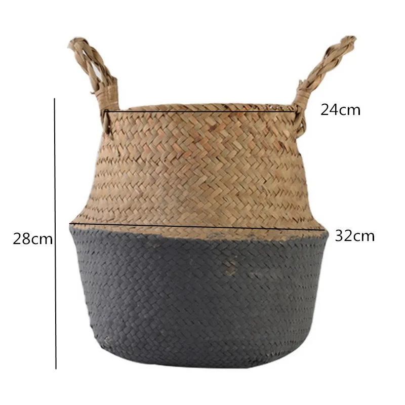 Garden Plant Flower Pot Handmade Rattan Storage Basket Foldable Seagrass Straw Hanging Woven Handle Toy Storage Container 1Pc