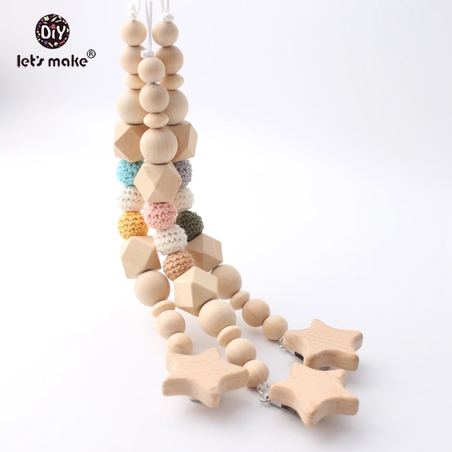 Let's Make Wooden Pacifier Clip Chain Beech Wood Star Metal Dummy Clip Baby Teething Hex Beads And Crochet Beads Holder Soothie