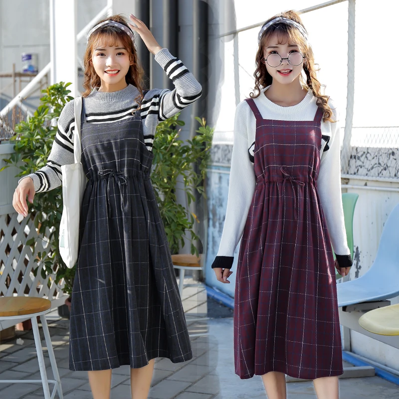 

Women Black White Plaid Suspenders Strap Braces Strappy A-line Dress Mori Girls High Waist Preppy Style Loose Dresses Vestidos