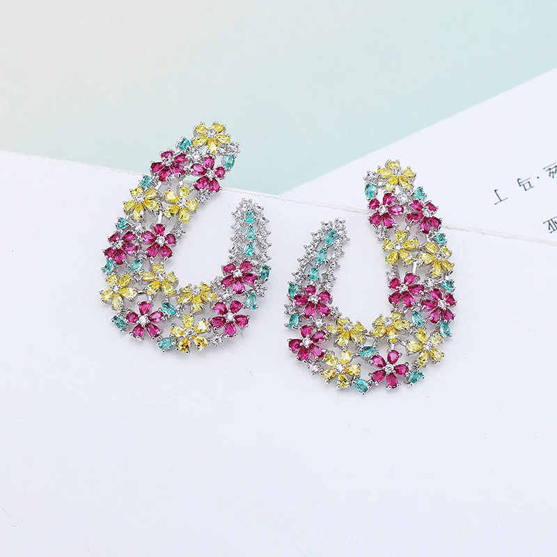

XIUMEIYIZU Elegant Hook Flowers Imitation Fashion Multicolor Cubic Zirconia Women Wedding Engagement Dress Earrings