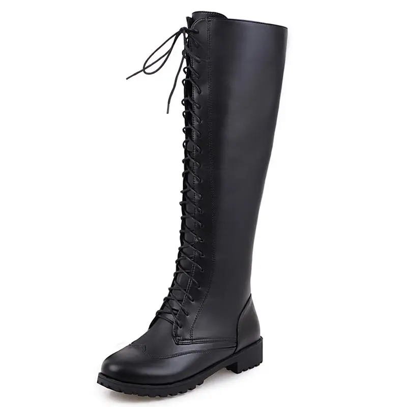 

Street fashion simple lace-up knee-high martin boots round toe all-match waterproof med-heeled casual motorcycle boots dxj952