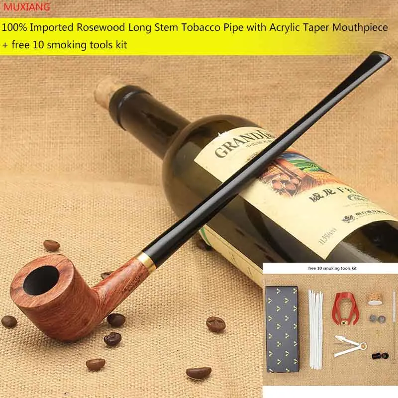 

RU-MUXIANG 10Tools Kit LongStem Straight rosewood churchwarden Pipe with 3mm filter for Reading Extended Mouthpiece Pipe ad0010