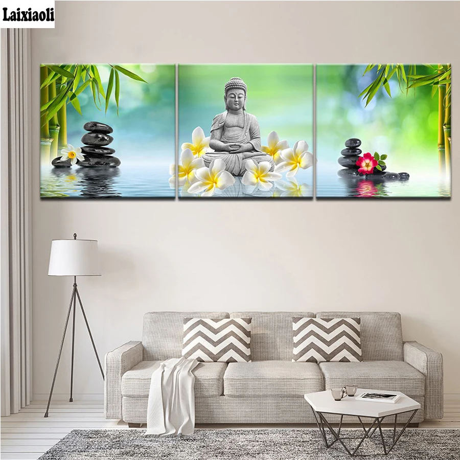 

3pcs 5D Diamond Embroidery Diy Diamond Painting Buddha diamond mosaic Wall Art,Spa Zen Stone Orchid Flower Home Decor paintings