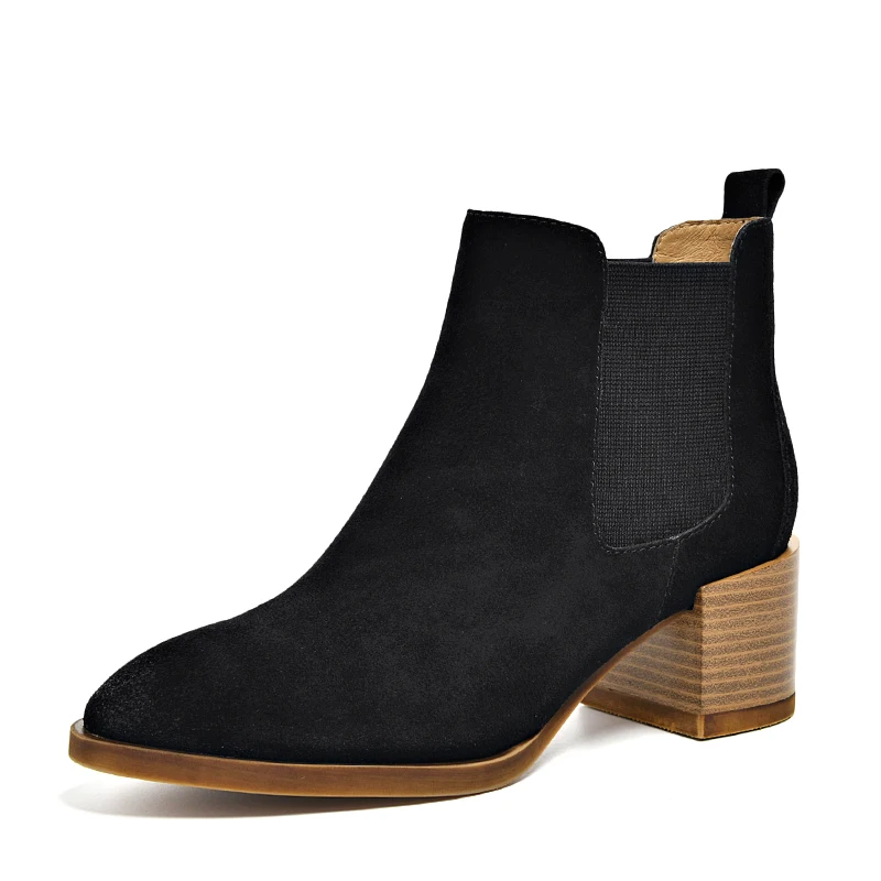 BeauToday/женские ботинки челси на высоком каблуке из коровьей замши с острым носком и эластичной лентой; осенние женские ботильоны ручной работы; 03324 - Цвет: Black
