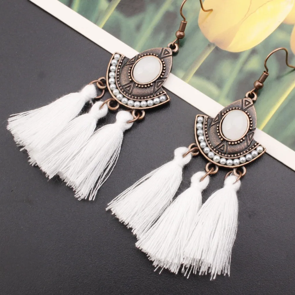 

2018 New Retro Bohemia Women Dangle Pearl Drop Earrings Summer Round Resin Tassel Earrings for Women crystal Jewelry Pendientes