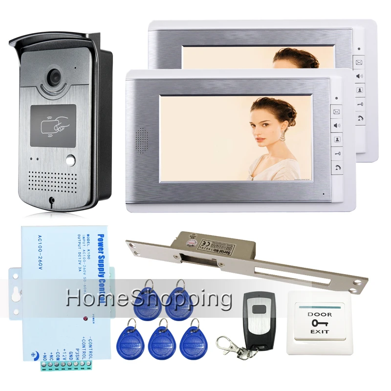 

Brand New 7 inch Screen Video Door Phone Intercom Entry System + 2 Monitors + RFID Access Camera + 250 Strike Lock FREE SHIPPING