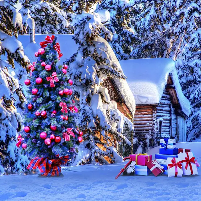 Winter Snow Scenic Photography Background Printed Christmas Tree Gift Bo Village Houses Family Kids Xmas Party Photo Backdrop