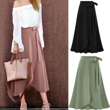 

Women Elastic Waist Solid Pleated Skirt Vintage Solid Loose Long Irregular Fork Sweet Skirt Swing