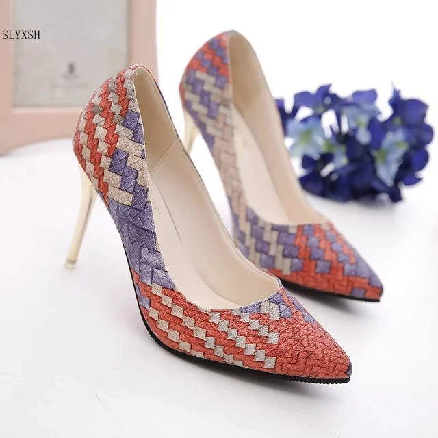 

Fashion spring autumn new national wind retro plaid heels pointed fine with single shoes women Asakuchi career Pumps Woman Shoes