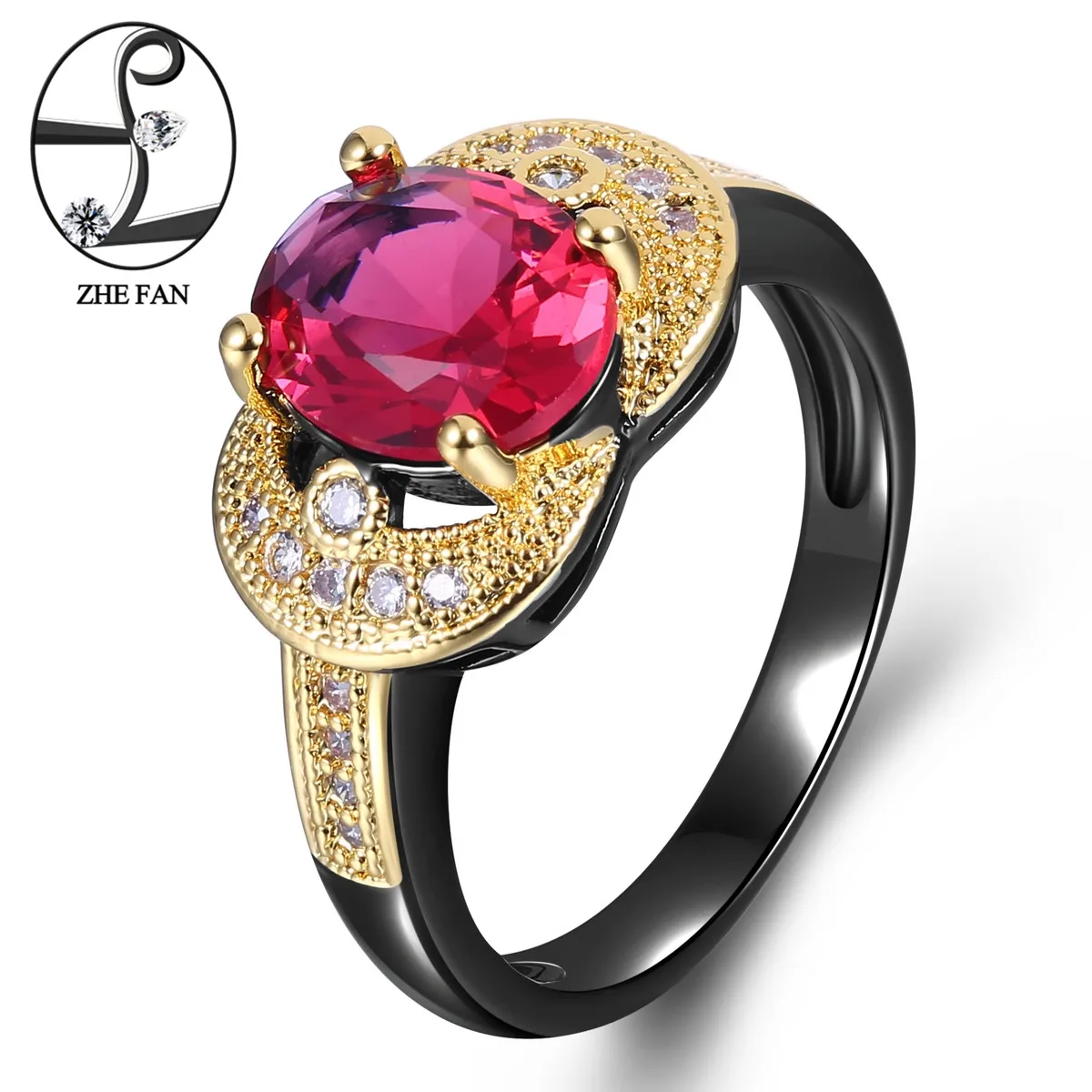 ZHE FAN Gold Color Oval Shape Fashion Cubic Zirconia Rings Black 2 Tone Plated Vintage Ring Size 6-9 For Wedding Gift | Украшения и