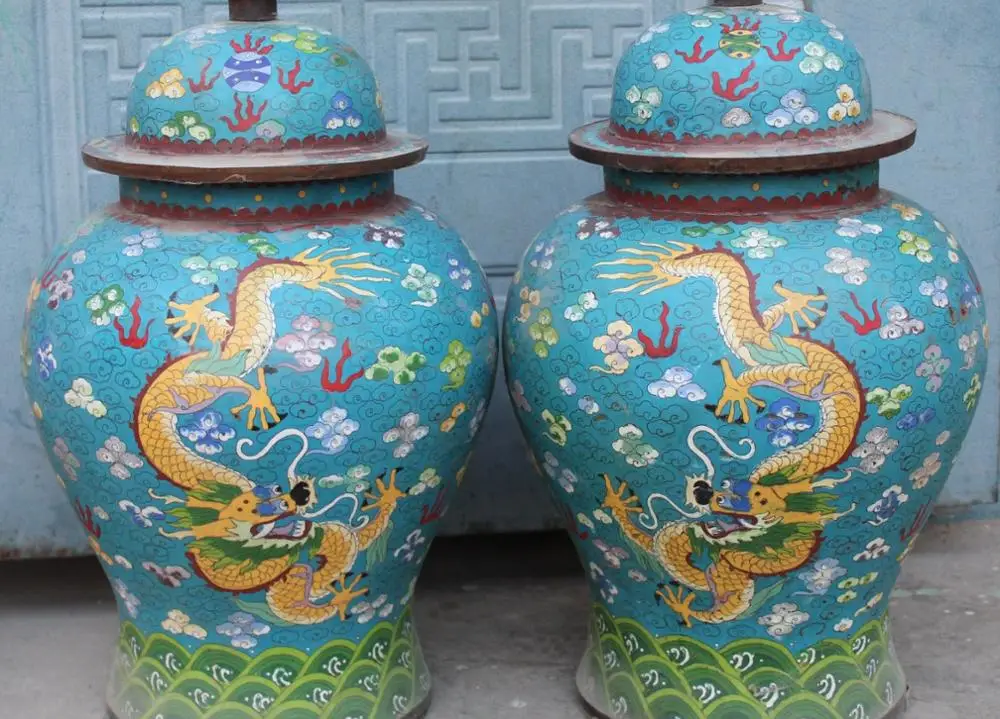 

20"Chinese Bronze Cloisonne Enamel Zodiac Year 9 Dragon Vase Bottle Statue Pair