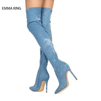 

Fashion Spring Autumn Slim Demin Over The Knee Boots Zipper High Heels Botas Mujer Pointed Toe Thigh High Boots Woman Shoes