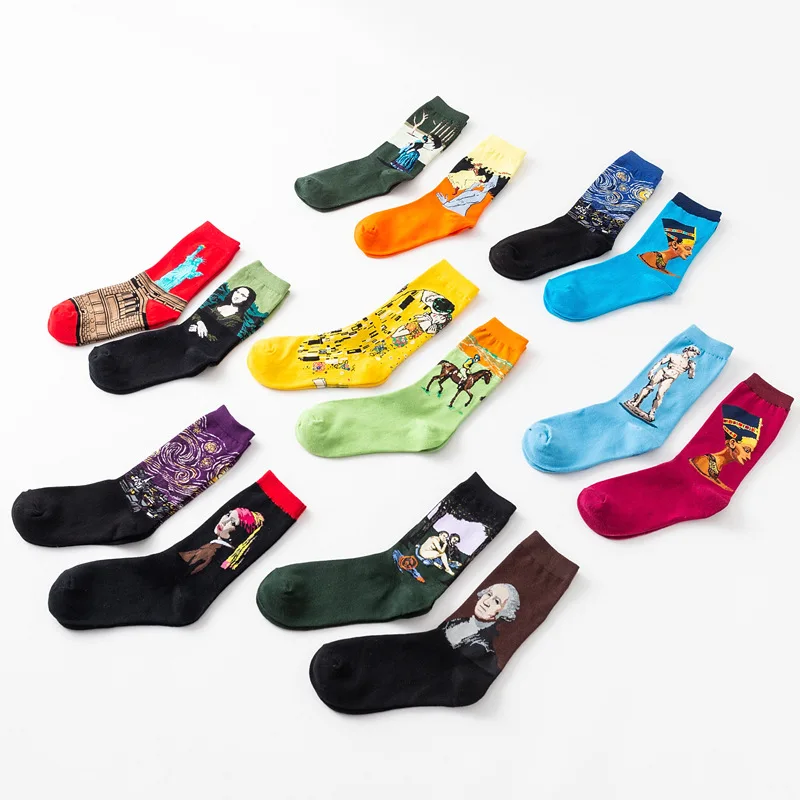 

Fashion Art Men Socks Famous Oil Painting Pattern Pharaoh Lady Liberty Geometric Novelty Funny Socks