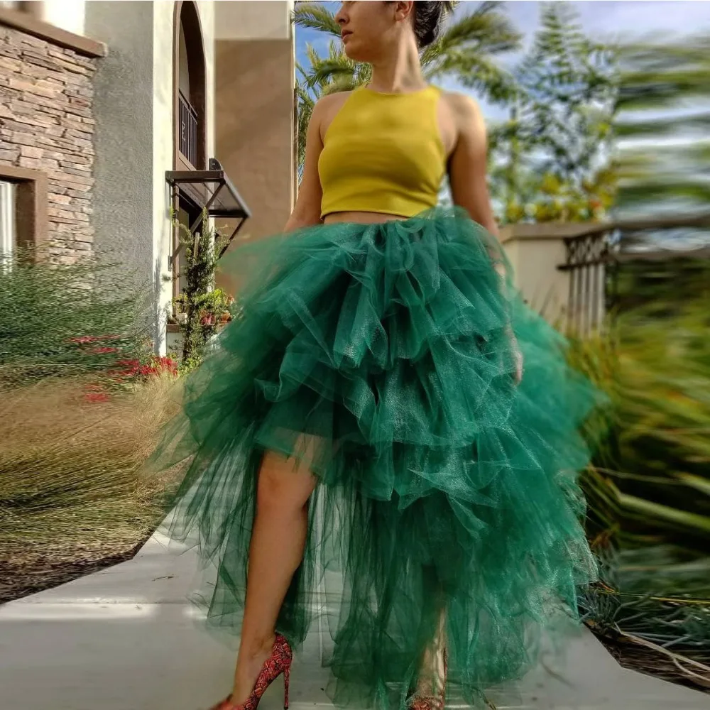 

2019 Chic Green High Low Tiered Long Women Tulle Skirts 2019 Ruffles Puffy Bridal Tutu Skirt Maxi Skirt Faldas Mujer Moda